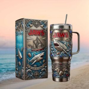 JAWS 50 Years of Terror (1975 2025) Amity Island 3D Shark Tumbler