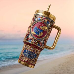 Kansas Jayhawks Rock Chalk KU Basketball Championship Gold Jeweled Tumbler