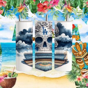 LA Dodgers Stadium Blueprint with Rose Sugar Skull Tumbler Wrap