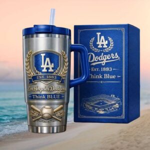 Los Angeles Dodgers Est 1883 “Think Blue” Silver & Blue Baseball Tumbler
