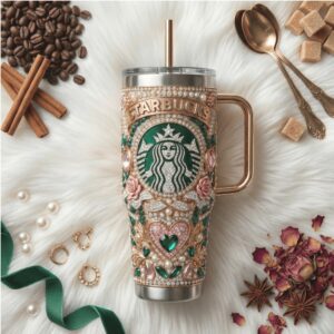 Luxury Starbucks Emerald & Pearl 40oz Tumbler with Handle