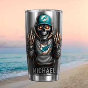 Miami Dolphins Skeleton Middle Finger Custom Name Insulated Travel Mug