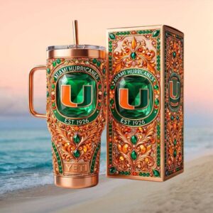 Miami Hurricanes EST 1926 Luxury 3D Emerald Gemstone & Gold Filigree Tumbler