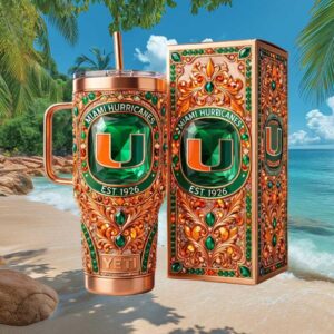Miami Hurricanes EST 1926 Luxury 3D Emerald Gemstone & Gold Filigree Tumbler