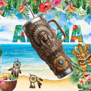 Native American Chief Warrior Embossed Turquoise Detail 40oz Tumbler