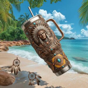 Native American Chief Warrior Embossed Turquoise Detail 40oz Tumbler