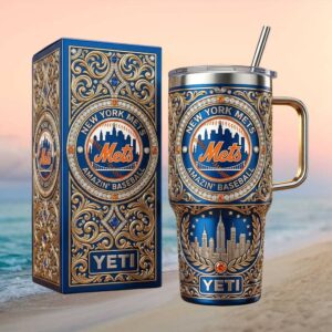 New York Mets Luxury 40oz Tumbler   Embossed Gold & Blue Skyline Edition