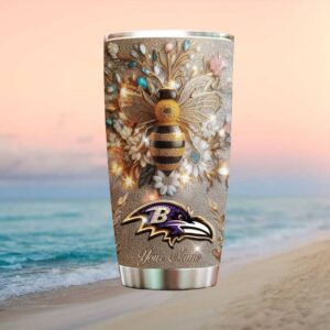 Personalized Baltimore Ravens Glitter Bee Tumbler Custom NFL Fan Drinkware
