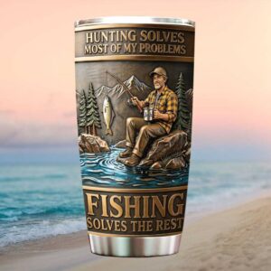 Personalized Fishing & Hunting Solves My Problems Custom Name Wood Style Tumbler