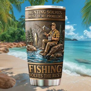 Personalized Fishing & Hunting Solves My Problems Custom Name Wood Style Tumbler