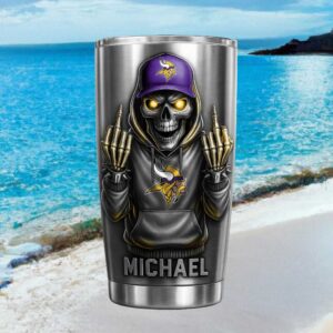Personalized Minnesota Vikings Skeleton Middle Finger Coffee Tumbler