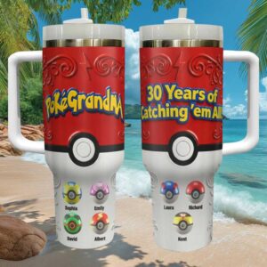 Personalized PokéGrandma 30 Years of Catching 'em All 40oz Tumbler Custom Grandkids Names Pokéball Travel Tumbler