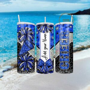 Personalized Royal Blue Cheerleader Megaphone and Pom Poms Tumbler Wrap