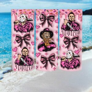 Pink Horror Villains Coquette Bows Halloween Tumbler Design