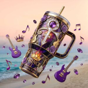 Prince “Purple Rain” Stained Glass Tribute 40oz Tumbler with Purple Guitar Charms