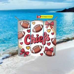 Retro Chiefs Football Tumbler Wrap Design with Red Bows and Hearts