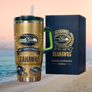Seattle Seahawks 50th Anniversary 1976 2026 Gold Edition 40oz Tumbler with Handles