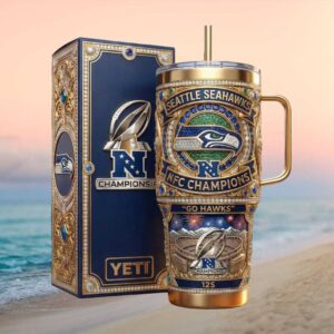 Seattle Seahawks NFC Champions “Go Hawks” 3D Gold & Blue Luxury Tumbler