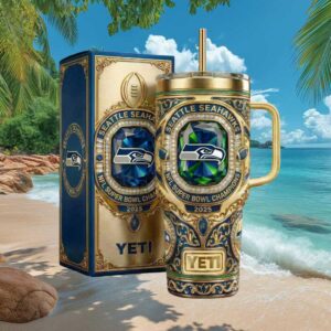 Seattle Seahawks NFL Super Bowl Champions 2025 Blue Gemstone Gold Tumbler