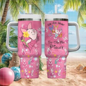Too Old For Piglet Pink Butterfly Design Insulated Tumbler with Handle