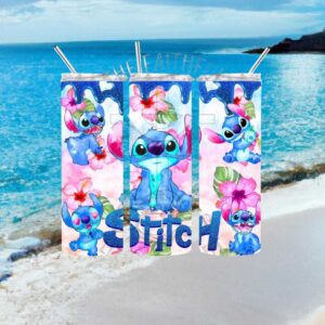 Tropical Stitch Hibiscus Flowers and Blue Drip Tumbler Wrap Design