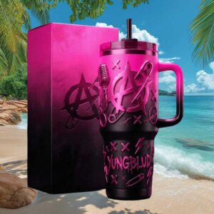 YUNGBLUD Signature 3D Pink & Black Anarchy Symbol Tumbler   Alt Rock Fan Collectible