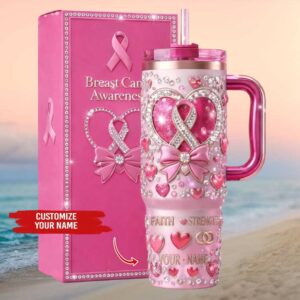 Custom Name Breast Cancer Awareness Faith & Strength Glitter Heart Design