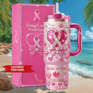 Custom Name Breast Cancer Awareness Faith & Strength Glitter Heart Design