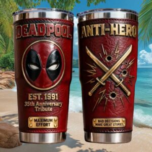 Deadpool 35th Anniversary Tribute Anti Hero Leather Wrapped Tumbler Deadpool 35th Anniversary Tribute Anti Hero Leather Wrapped Tumbler