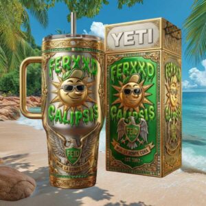 Feid Ferxxocalipsis “Mor La Rompe Cora” Green Gold Sun Mascot Tumbler