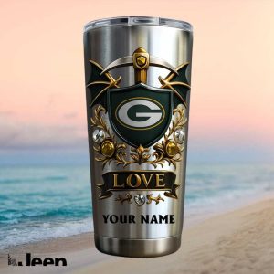 Green Bay Packers Custom Name Fan Gift Retro Gold Shield Stainless Steel Insulated Tumbler