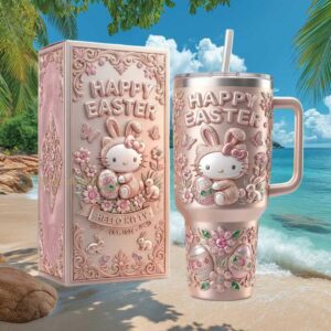 Happy Easter Hello Kitty Embossed Pink Rose Gold 40oz Tumbler with Gift Box