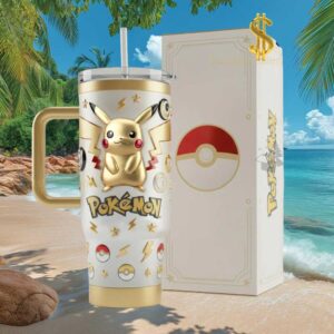 Luxury Gold Pikachu Pokémon 40oz Tumbler with Handle and Gift Box