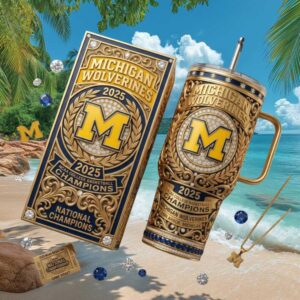 Michigan Wolverines 2025 NCAA Basketball National Champions Gold Filigree Tumbler
