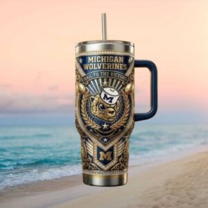 Michigan Wolverines “Hail to the Victors” Sailor Mascot Luxury Gold Tumbler