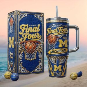 Michigan Wolverines NCAA Men’s Final Four 2026 “Victors” Blue & Gold Glitter Commemorative Tumbler