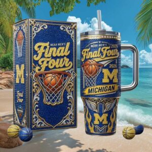 Michigan Wolverines NCAA Men’s Final Four 2026 “Victors” Blue & Gold Glitter Commemorative Tumbler
