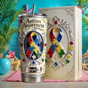 Personalized Autism Awareness Tumbler with Gift Box Accept Understand Love Puzzle Ribbon Design Personalized Autism Awareness Tumbler with Gift Box Accept Understand Love Puzzle Ribbon Design