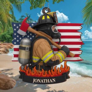 Personalized Brave Firefighter Profile with USA Flag and Axe Hanging Ornament
