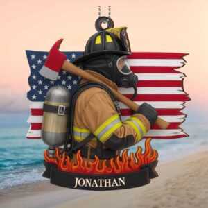Personalized Brave Firefighter Profile with USA Flag and Axe Hanging Ornament