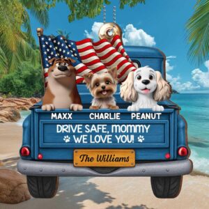 Personalized Drive Safe Mommy 3 Dogs Blue Truck Ornament