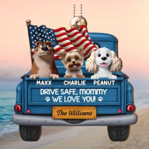 Personalized Drive Safe Mommy 3 Dogs Blue Truck Ornament
