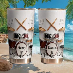 Personalized Drummer Gift Tumbler   Custom Name Music Drums Design Tumbler