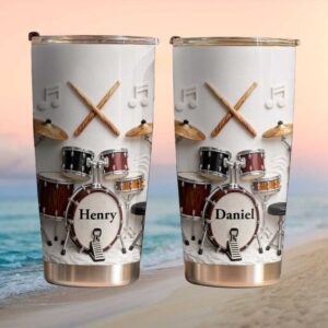 Personalized Drummer Gift Tumbler   Custom Name Music Drums Design Tumbler