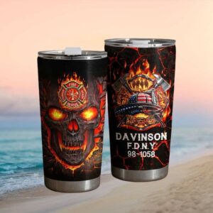 Personalized F.D.N.Y. Firefighter Skull Fire & Rescue Custom Name Tumbler