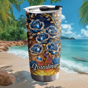 Personalized Grandma Blue Rose Stained Glass Tumbler   Custom Grandkids Names