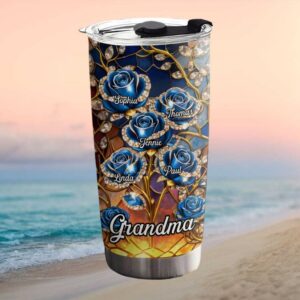 Personalized Grandma Blue Rose Stained Glass Tumbler   Custom Grandkids Names