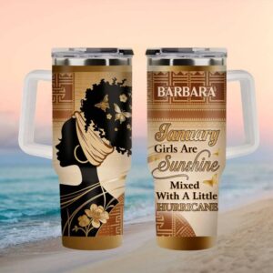 Personalized January Girls Are Sunshine Mixed With Hurricane Black Queen Tumbler