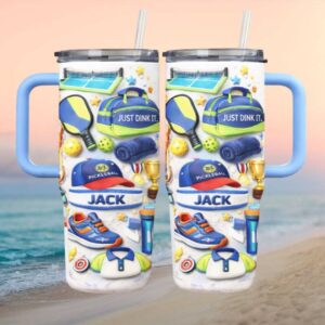 Personalized Pickleball Player 40oz Tumbler with Handle Custom Name “Just Dink It” Sports Gift