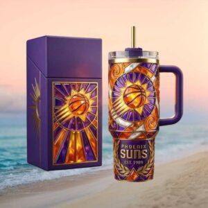 Phoenix Suns NBA Est. 1968 Purple & Orange Sunburst Art Deco Tumbler